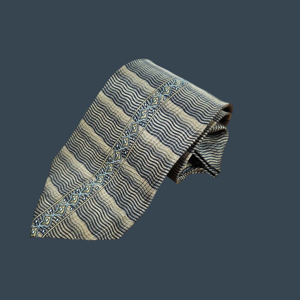 Vintage Bellini Silk Necktie With Striped & Geometric Pattern With Pocket Square